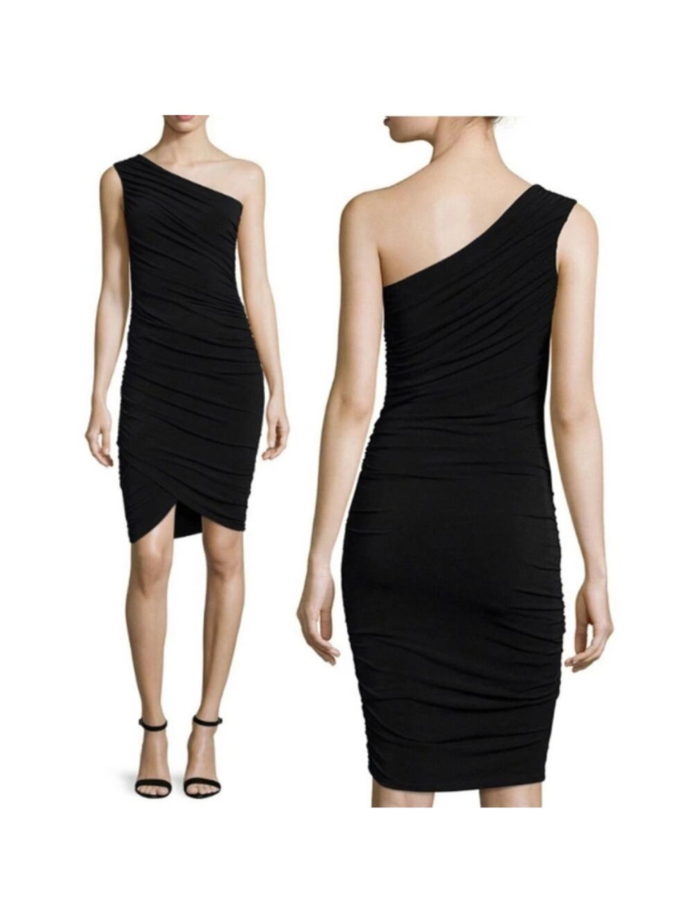 Alice + Olivia Black One-Shoulder Ruched Midi Dress